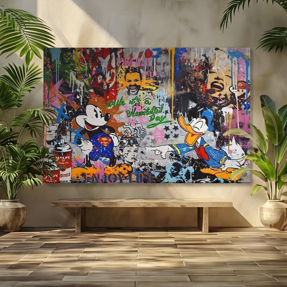 Tablou canvas cu tablou canvas cu graffiti si desene animate, fara rama, pe sasiu de lemn
