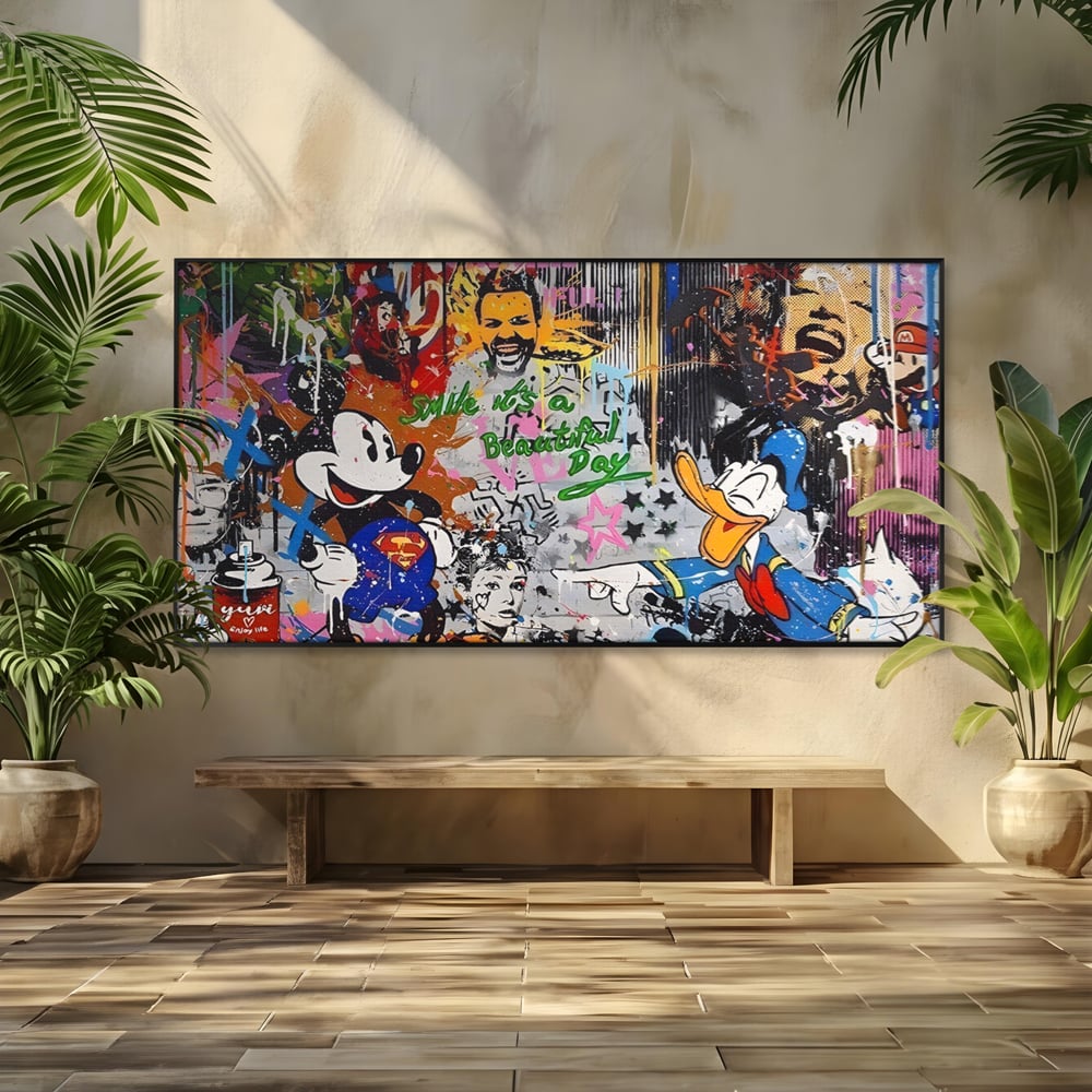 Tablou canvas cu tablou canvas cu graffiti si desene animate, in rama de aluminiu negru