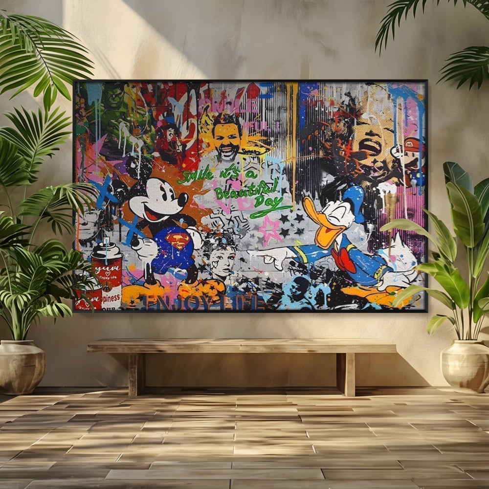 Tablou canvas cu tablou canvas cu graffiti si desene animate, in rama de aluminiu negru