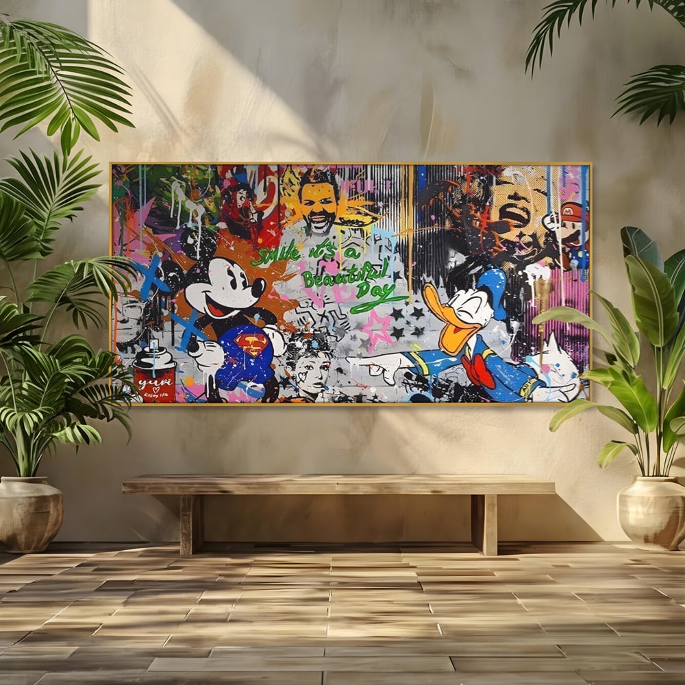 Tablou canvas cu tablou canvas cu graffiti si desene animate, in rama de aluminiu auriu