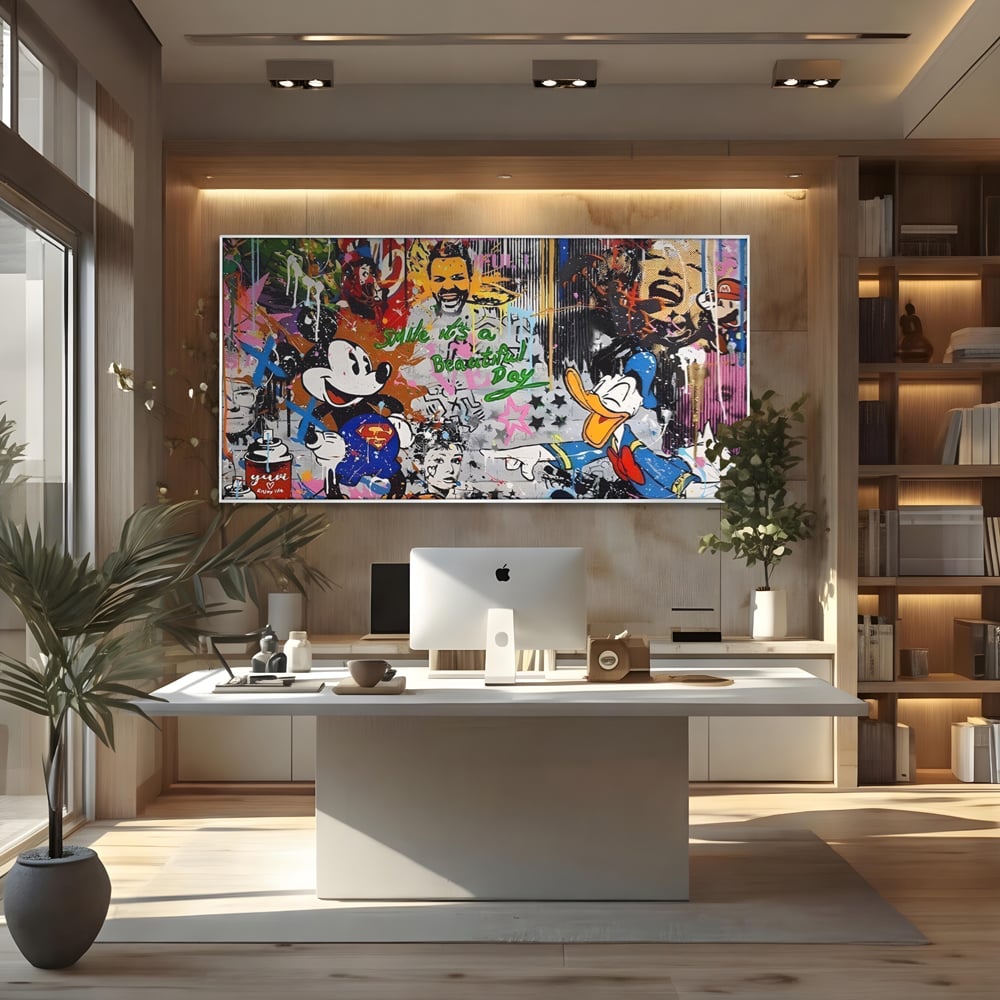 Tablou canvas cu tablou canvas cu graffiti si desene animate, in rama de aluminiu argintiu, pe perete intr-un birou