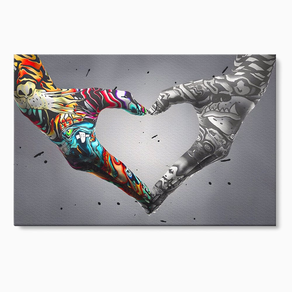 Tablou canvas cu tablou canvas cu maini in forma de inima stil grafitti, fara rama, pe sasiu de lemn