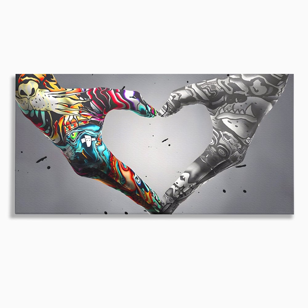 Tablou canvas cu tablou canvas cu maini in forma de inima stil grafitti, fara rama, pe sasiu de lemn