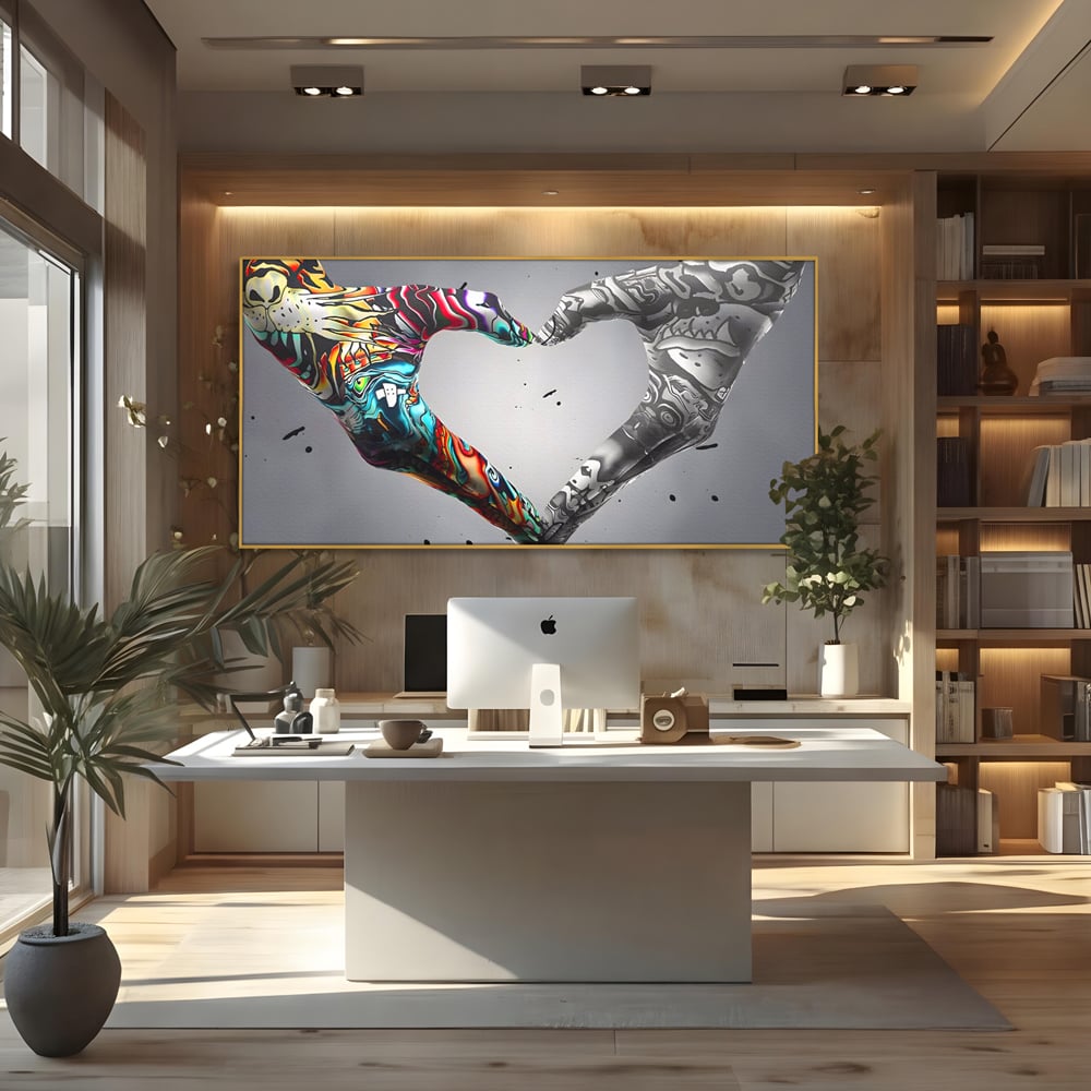 Tablou canvas cu tablou canvas cu maini in forma de inima stil grafitti, in rama de aluminiu auriu, pe perete intr-un birou
