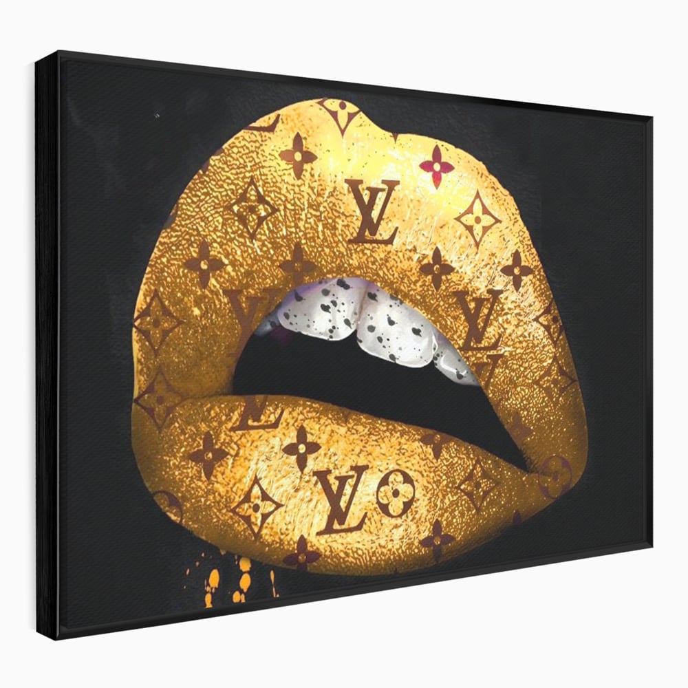 Tablou canvas cu tablou canvas cu buze aurii si model louis vuitton, in rama de aluminiu negru