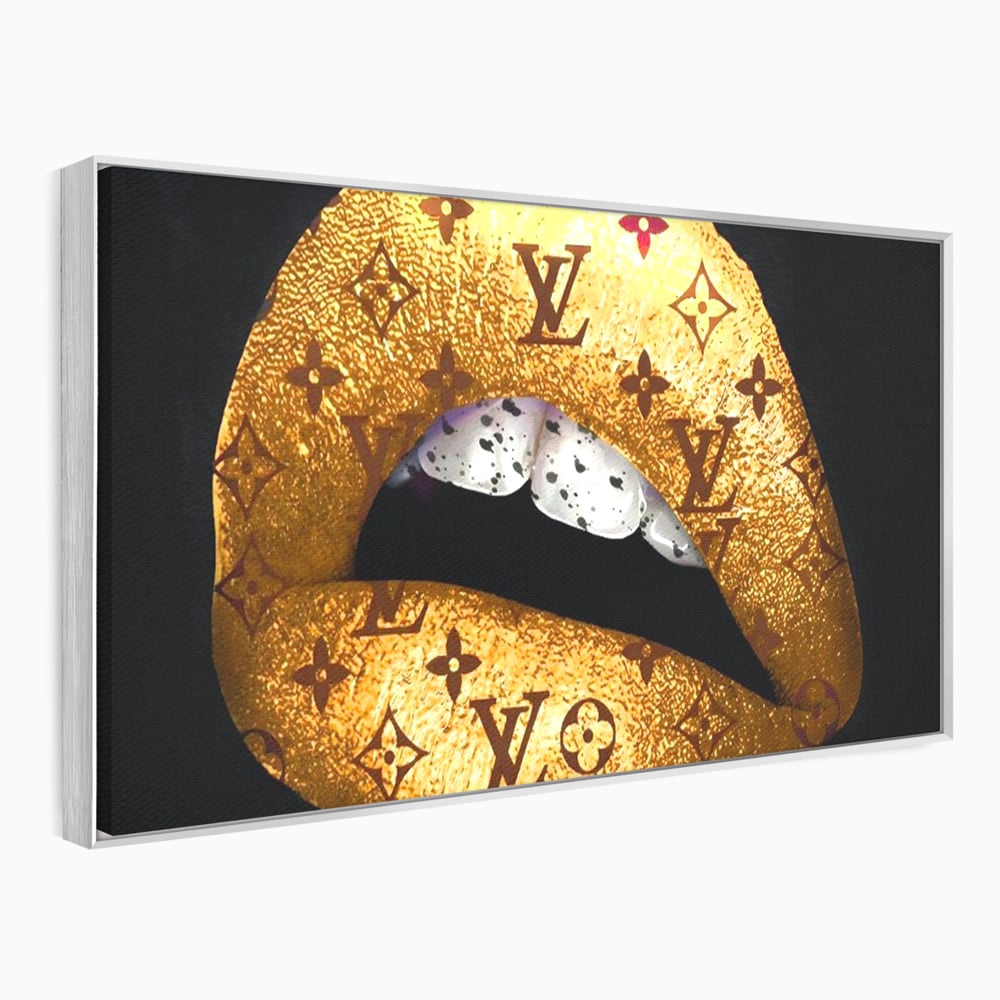 Tablou canvas cu tablou canvas cu buze aurii si model louis vuitton, in rama de aluminiu argintiu