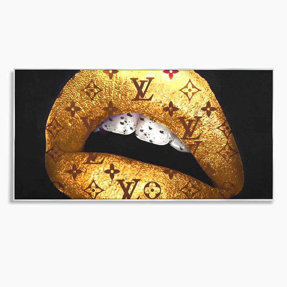 Tablou canvas cu tablou canvas cu buze aurii si model louis vuitton, in rama de aluminiu argintiu