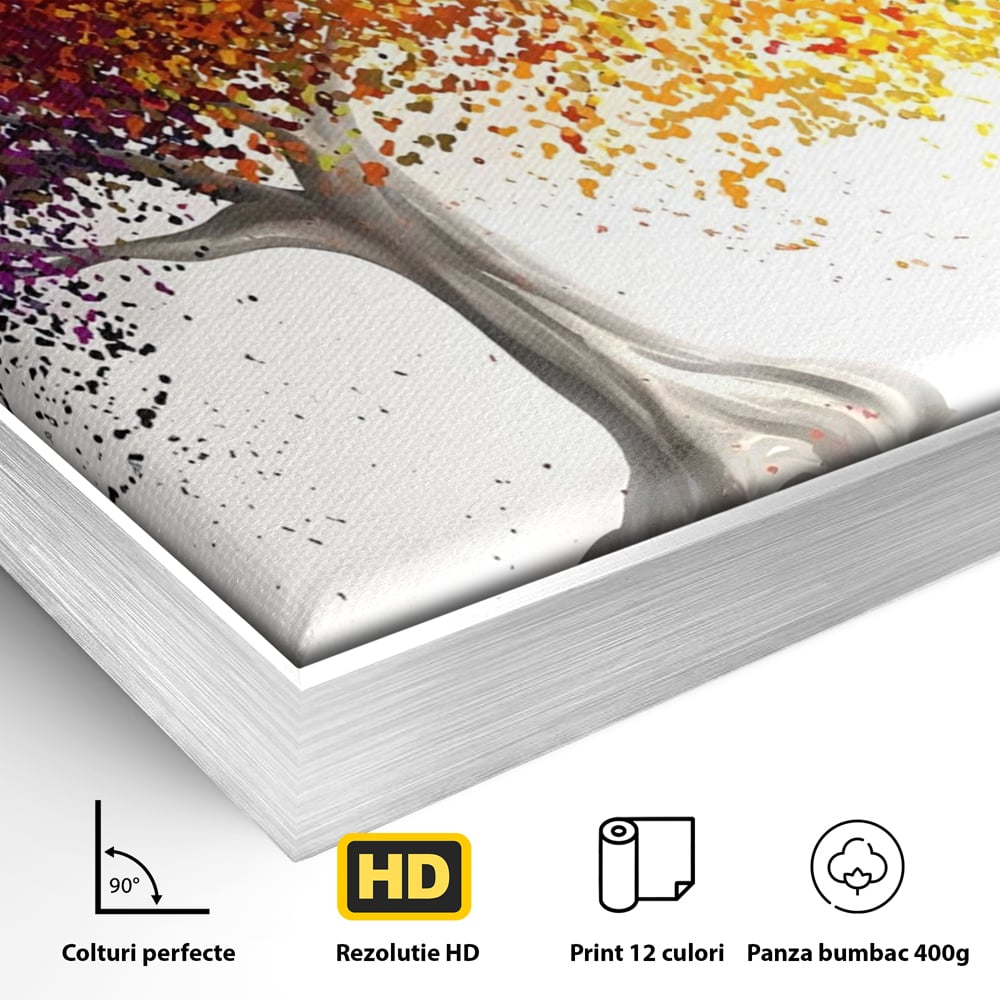 Detaliu al suprafetei: tablou canvas cu un copac colorat, in rama de aluminiu argintiu