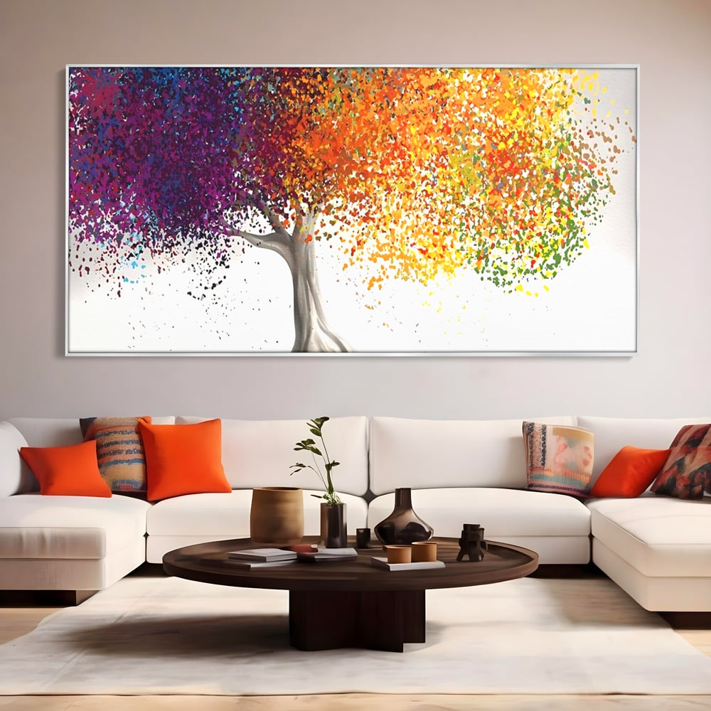 Tablou canvas cu tablou canvas cu un copac colorat, in rama de aluminiu argintiu, pe perete intr-un living