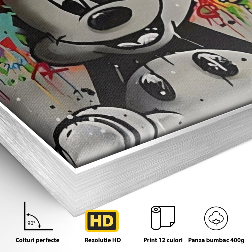Detaliu al suprafetei: tablou canvas cu mickey mouse colorat, in rama de aluminiu argintiu