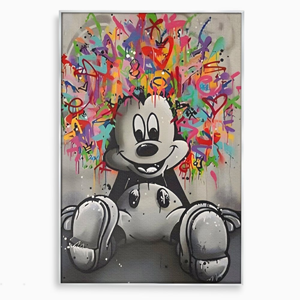 Tablou canvas cu tablou canvas cu mickey mouse colorat, in rama de aluminiu argintiu