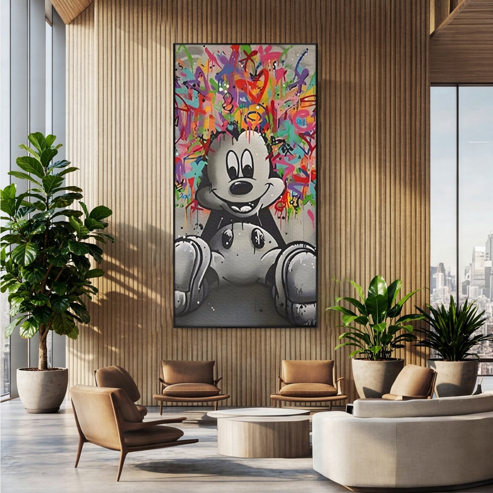 Tablou canvas cu tablou canvas cu mickey mouse colorat, in rama de aluminiu negru, pe perete intr-un birou