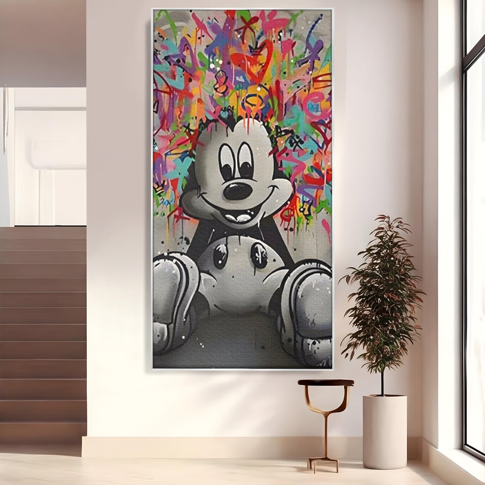 Tablou canvas cu tablou canvas cu mickey mouse colorat, in rama de aluminiu argintiu