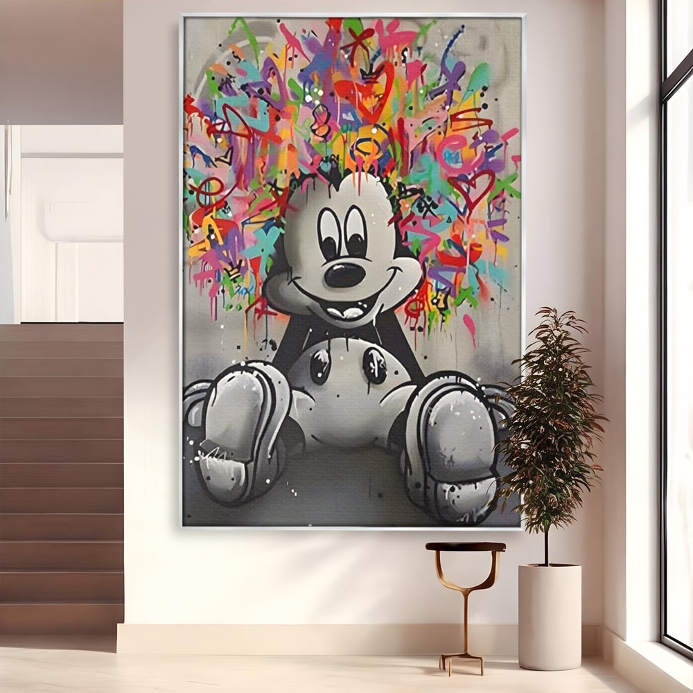 Tablou canvas cu tablou canvas cu mickey mouse colorat, in rama de aluminiu argintiu