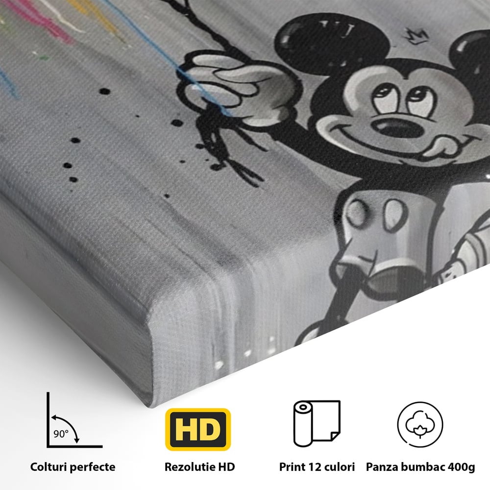 Detaliu al suprafetei: tablou canvas cu mickey mouse si baloane, fara rama, pe sasiu de lemn