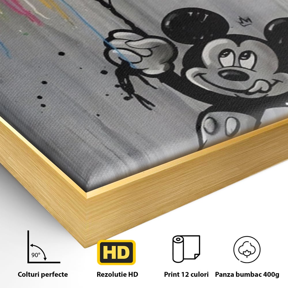 Detaliu al suprafetei: tablou canvas cu mickey mouse si baloane, in rama de aluminiu auriu