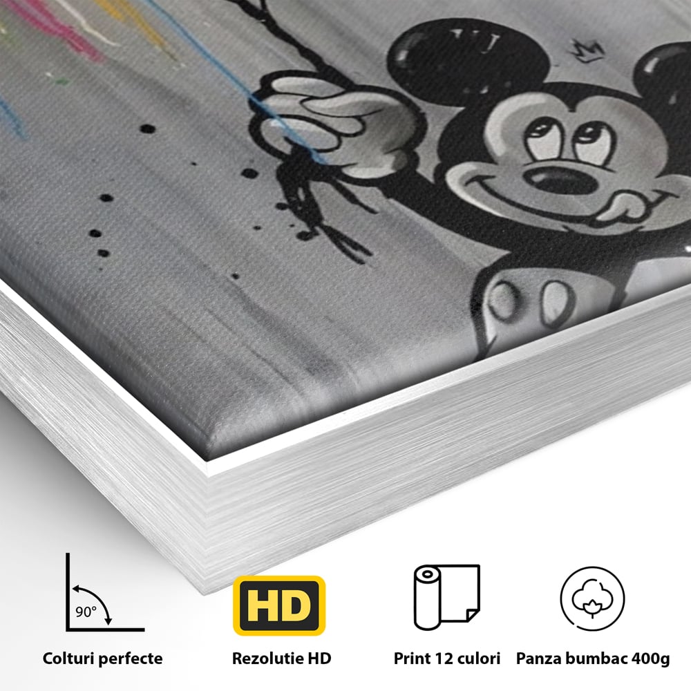 Detaliu al suprafetei: tablou canvas cu mickey mouse si baloane, in rama de aluminiu argintiu