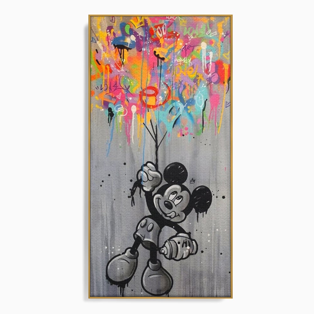 Tablou canvas cu tablou canvas cu mickey mouse si baloane, in rama de aluminiu auriu
