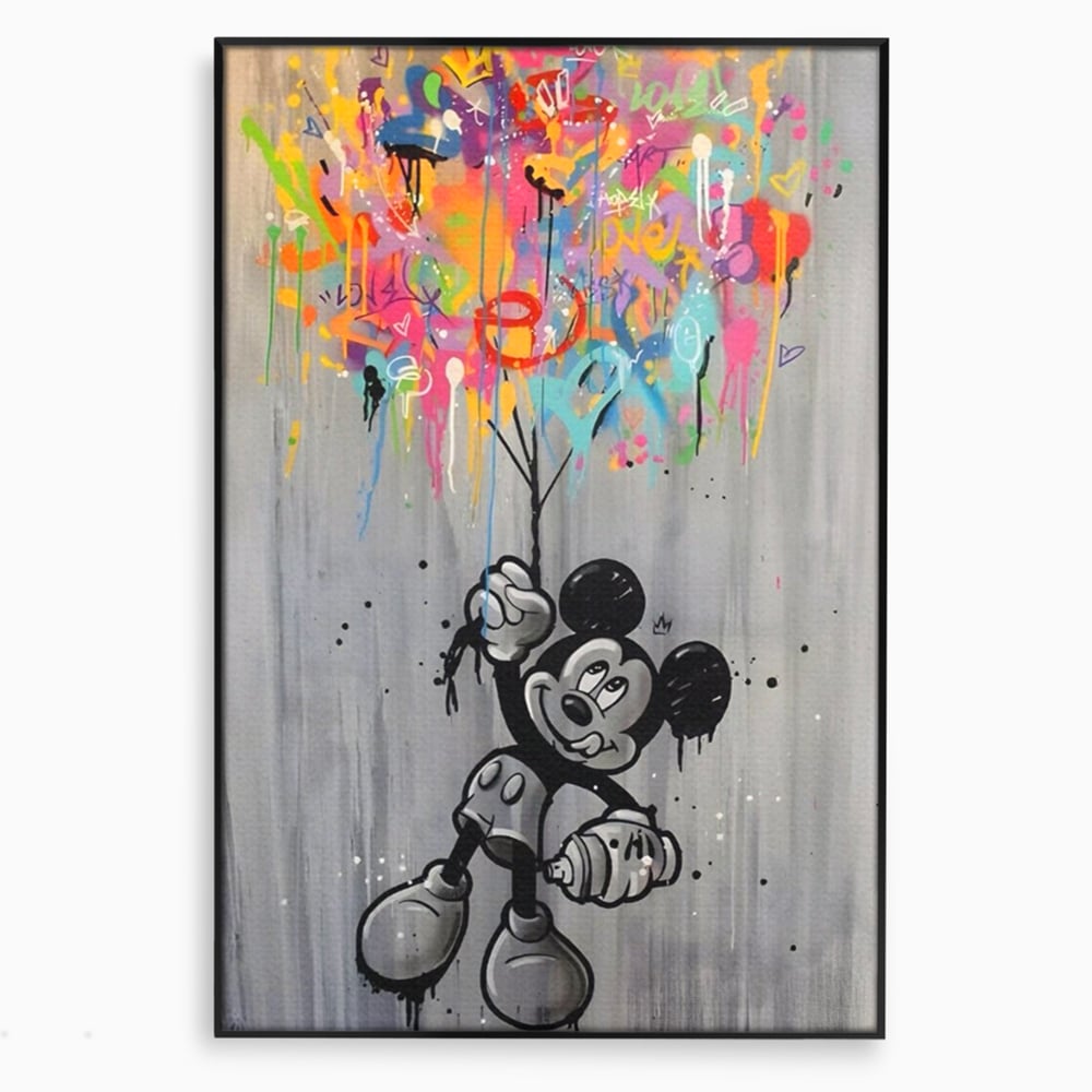 Tablou canvas cu tablou canvas cu mickey mouse si baloane, in rama de aluminiu negru