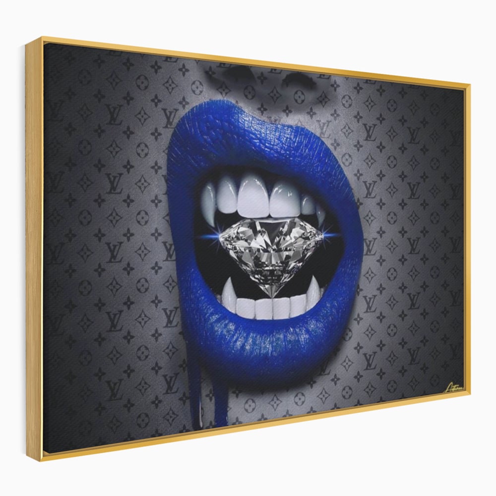 Tablou canvas cu buze albastre cu diamant, in rama de aluminiu auriu