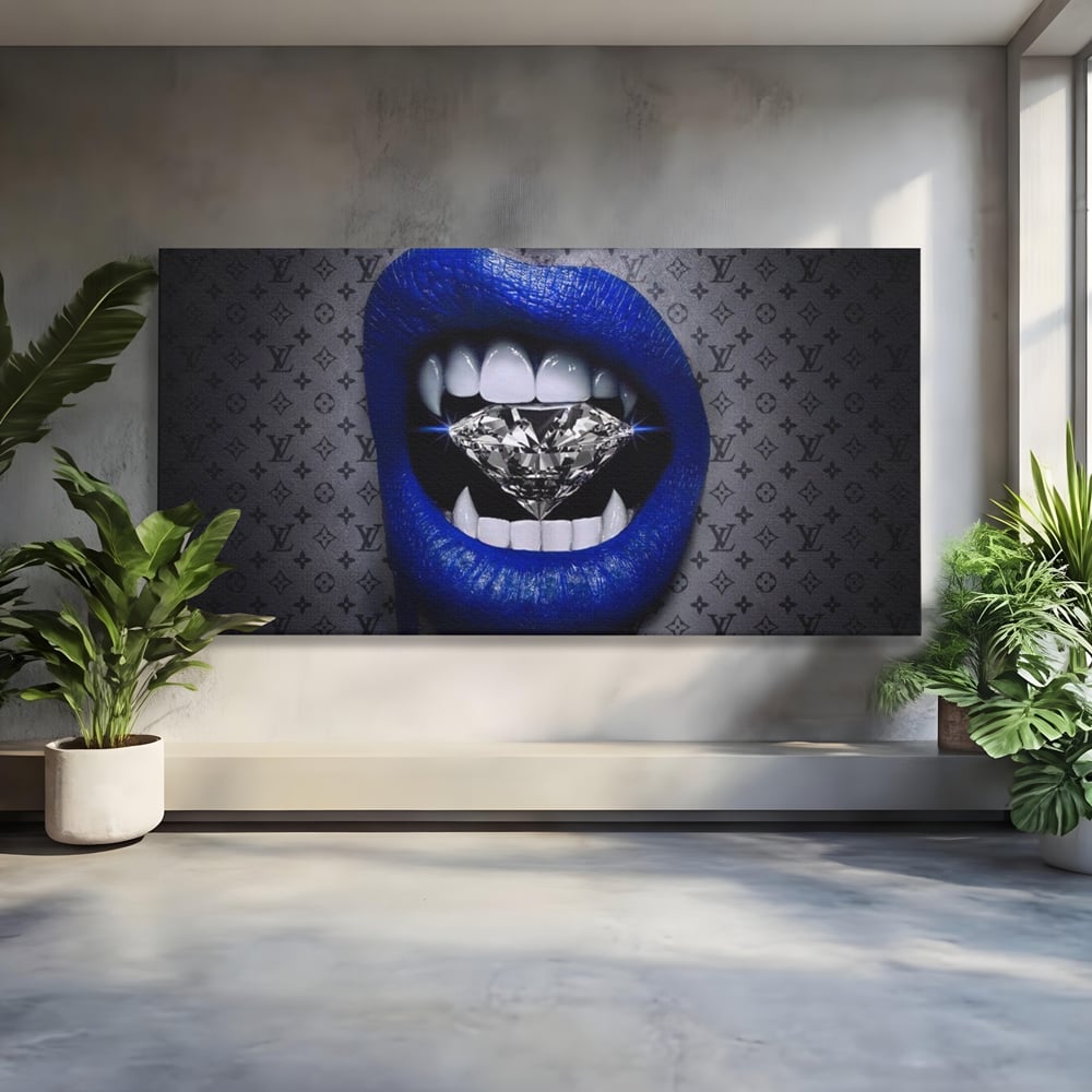 Tablou canvas cu buze albastre cu diamant, fara rama, pe sasiu de lemn