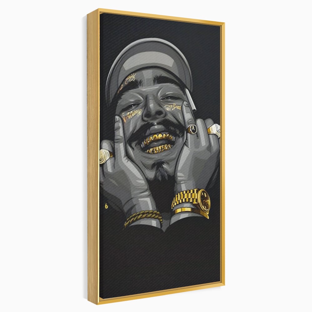 Tablou canvas cu tablou canvas cu portret post malone, in rama de aluminiu auriu