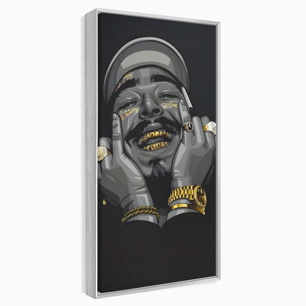 Tablou canvas cu tablou canvas cu portret post malone, in rama de aluminiu argintiu