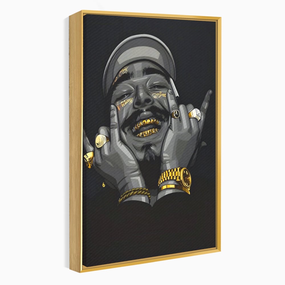 Tablou canvas cu tablou canvas cu portret post malone, in rama de aluminiu auriu