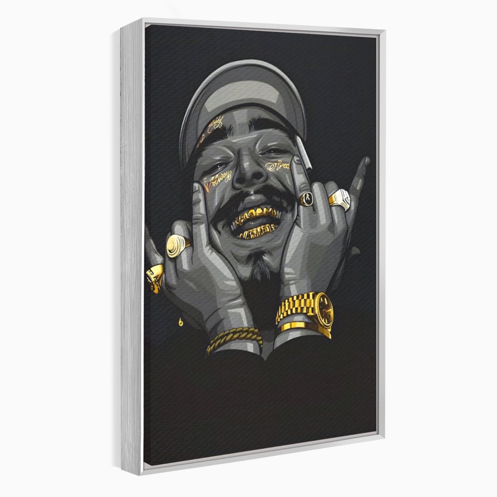 Tablou canvas cu tablou canvas cu portret post malone, in rama de aluminiu argintiu