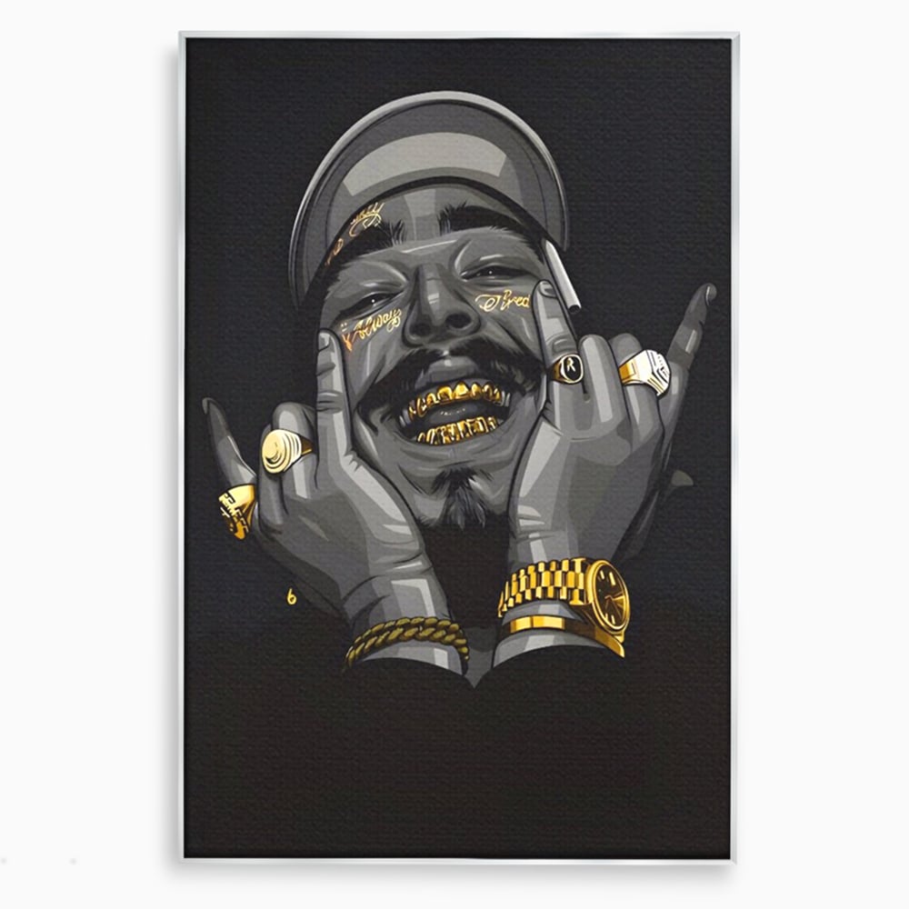 Tablou canvas cu tablou canvas cu portret post malone, in rama de aluminiu argintiu