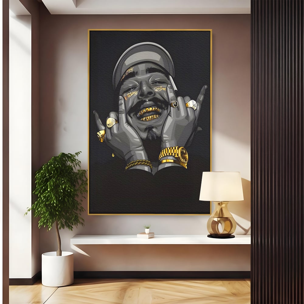 Tablou canvas cu tablou canvas cu portret post malone, in rama de aluminiu auriu