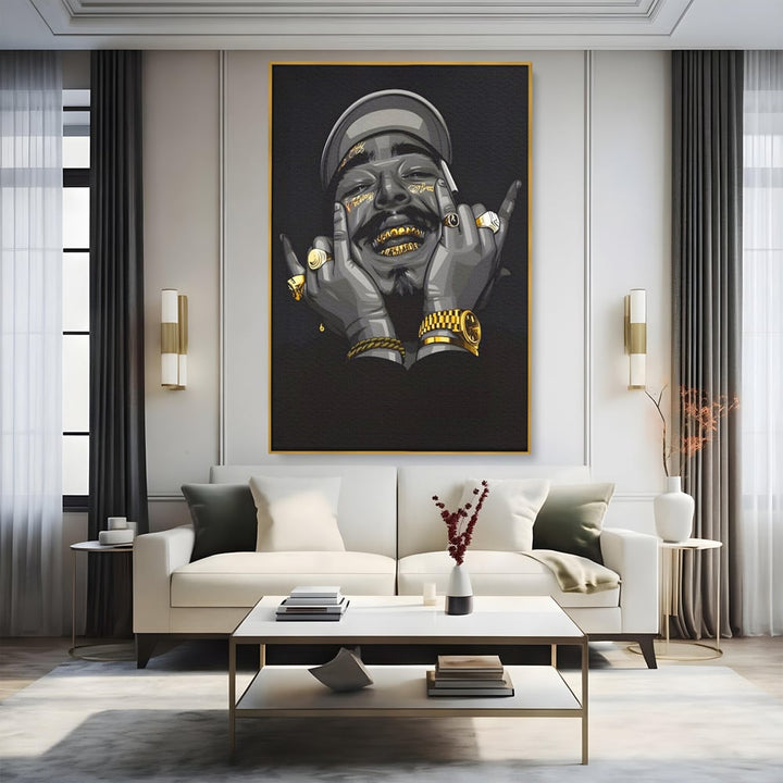Tablou canvas cu tablou canvas cu portret post malone, in rama de aluminiu auriu, pe perete intr-un living