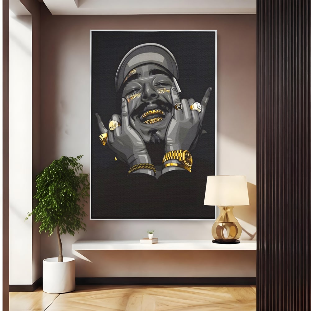 Tablou canvas cu tablou canvas cu portret post malone, in rama de aluminiu argintiu
