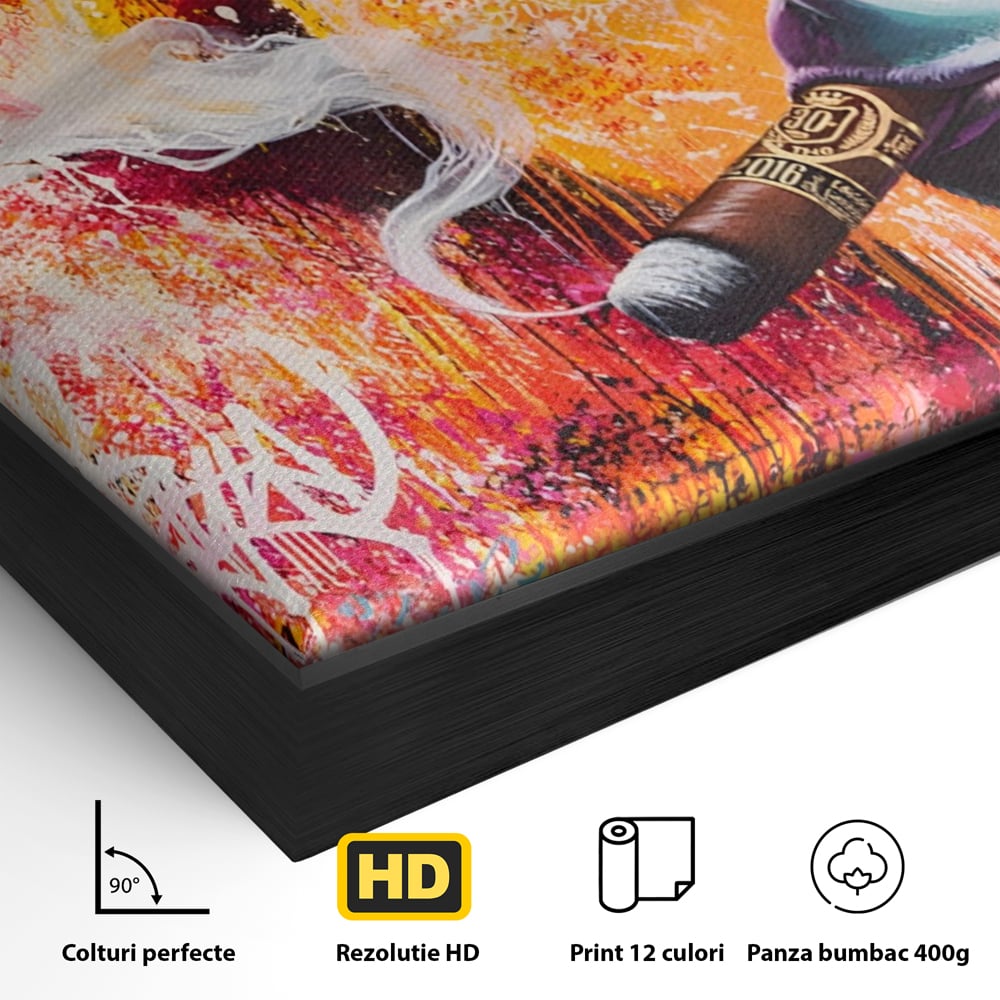 Detaliu al suprafetei: tablou canvas cu gorila si trabuc, in rama de aluminiu negru