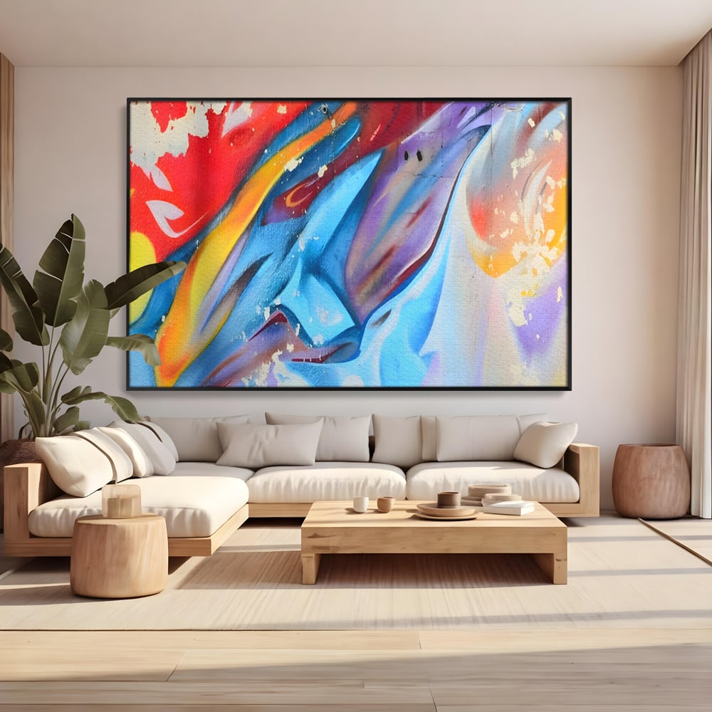Tablou canvas cu pictura abstracta cu forme dinamice, in rama de aluminiu negru, pe perete intr-un living