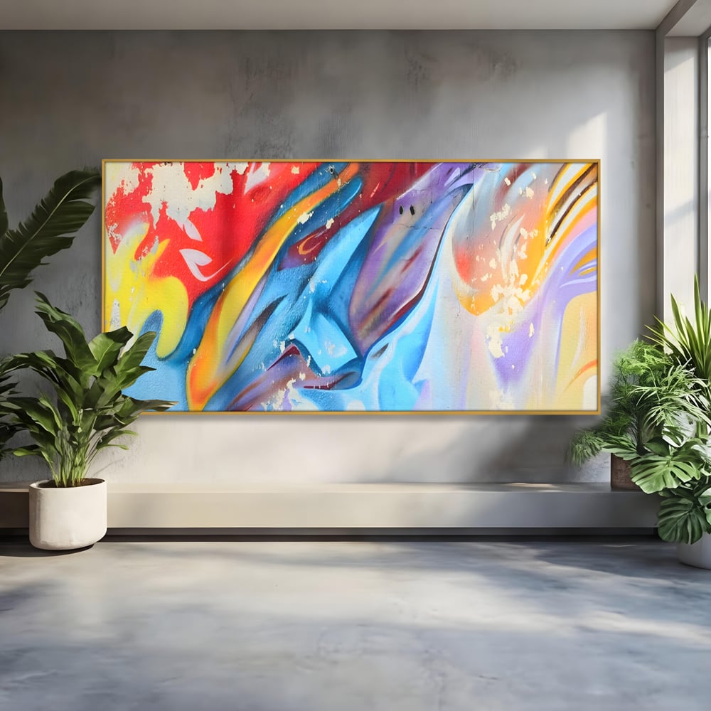 Tablou canvas cu pictura abstracta cu forme dinamice, in rama de aluminiu auriu