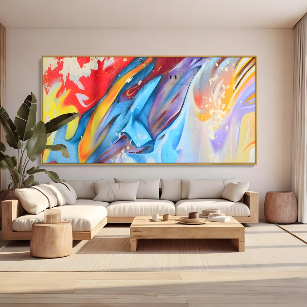 Tablou canvas cu pictura abstracta cu forme dinamice, in rama de aluminiu auriu, pe perete intr-un living