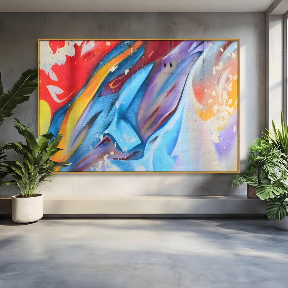 Tablou canvas cu pictura abstracta cu forme dinamice, in rama de aluminiu auriu