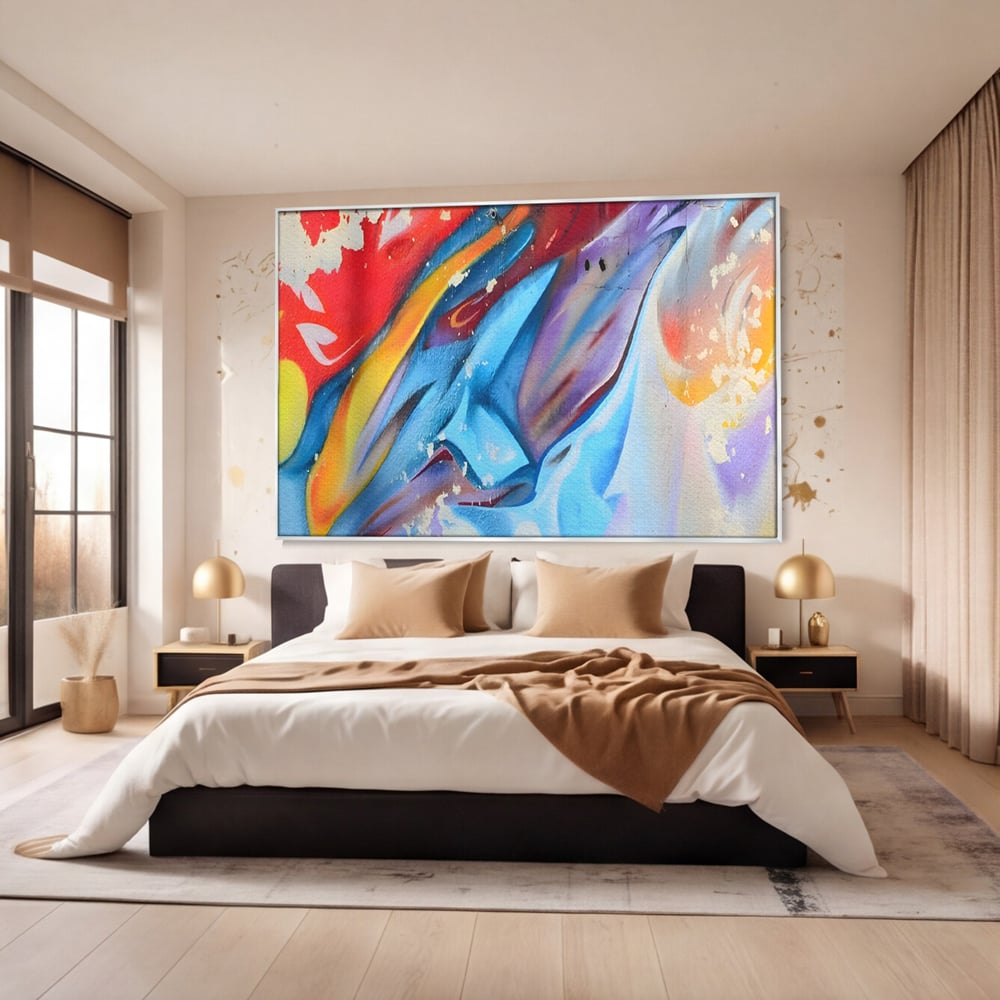 Tablou canvas cu pictura abstracta cu forme dinamice, in rama de aluminiu argintiu, pe perete intr-un dormitor