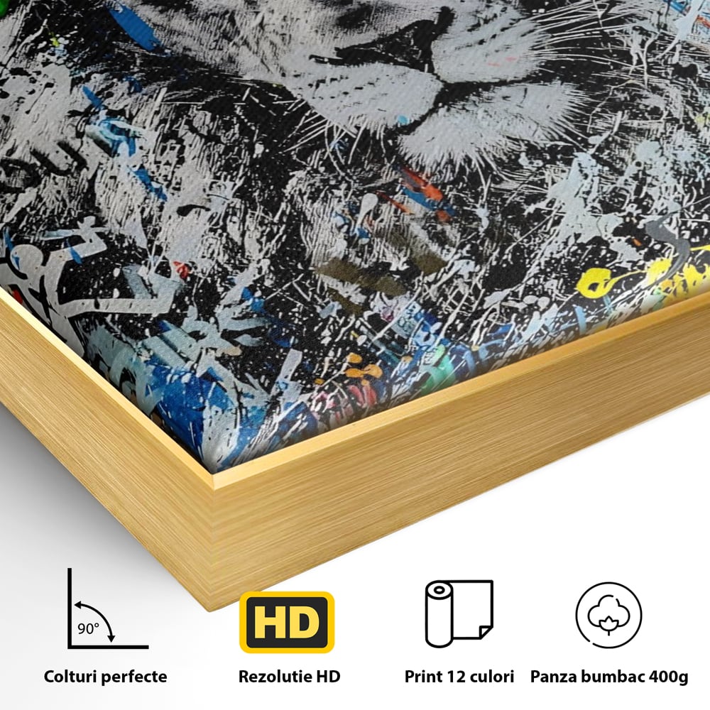 Detaliu al suprafetei: tablou canvas cu leu stil graffiti, in rama de aluminiu auriu