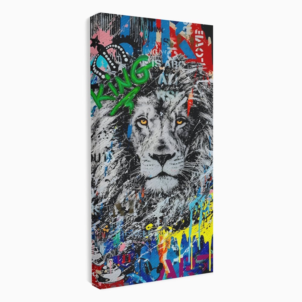 Tablou canvas cu tablou canvas cu leu stil graffiti, fara rama, pe sasiu de lemn