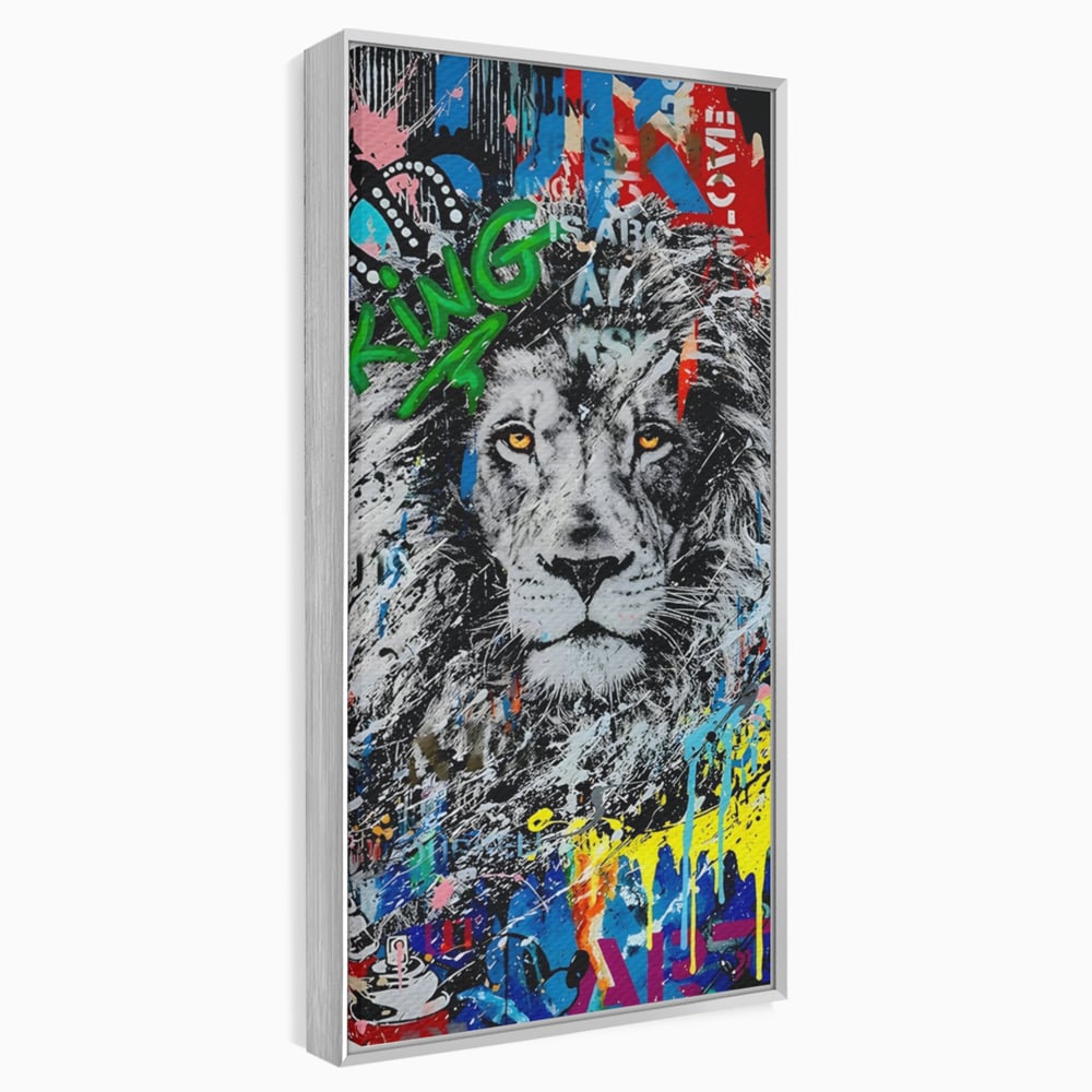 Tablou canvas cu tablou canvas cu leu stil graffiti, in rama de aluminiu argintiu