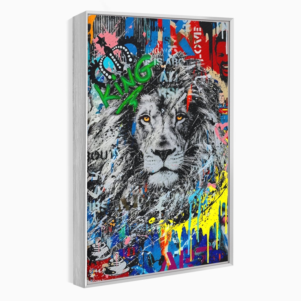 Tablou canvas cu tablou canvas cu leu stil graffiti, in rama de aluminiu argintiu