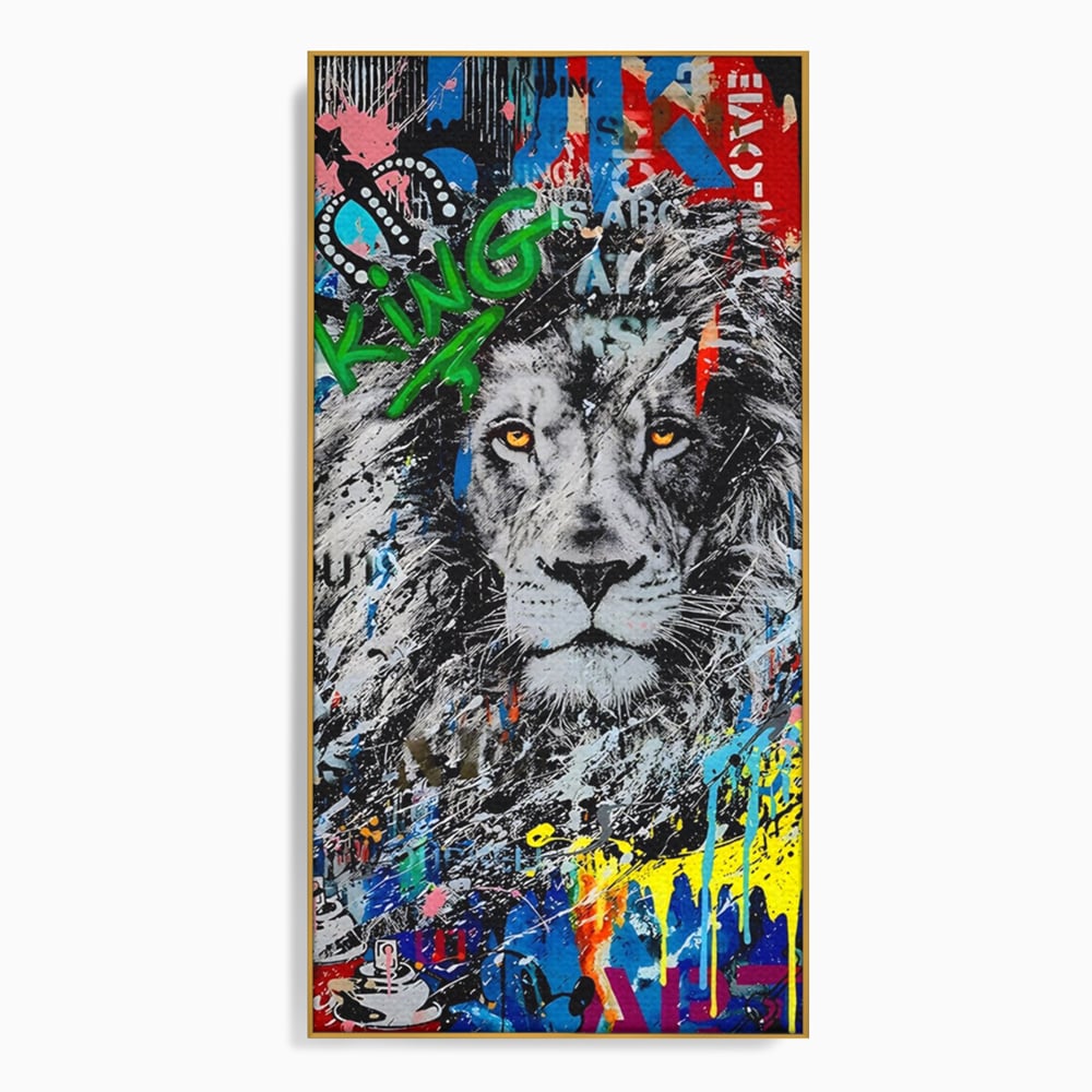 Tablou canvas cu tablou canvas cu leu stil graffiti, in rama de aluminiu auriu