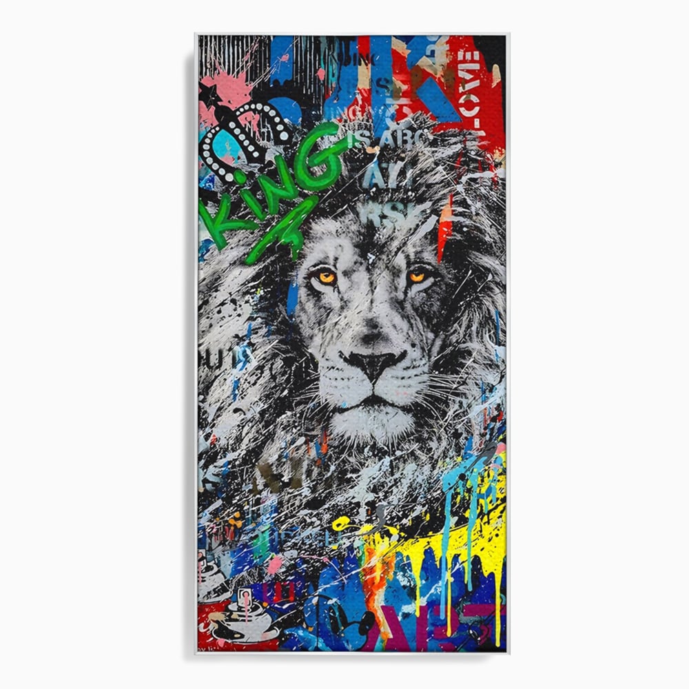 Tablou canvas cu tablou canvas cu leu stil graffiti, in rama de aluminiu argintiu