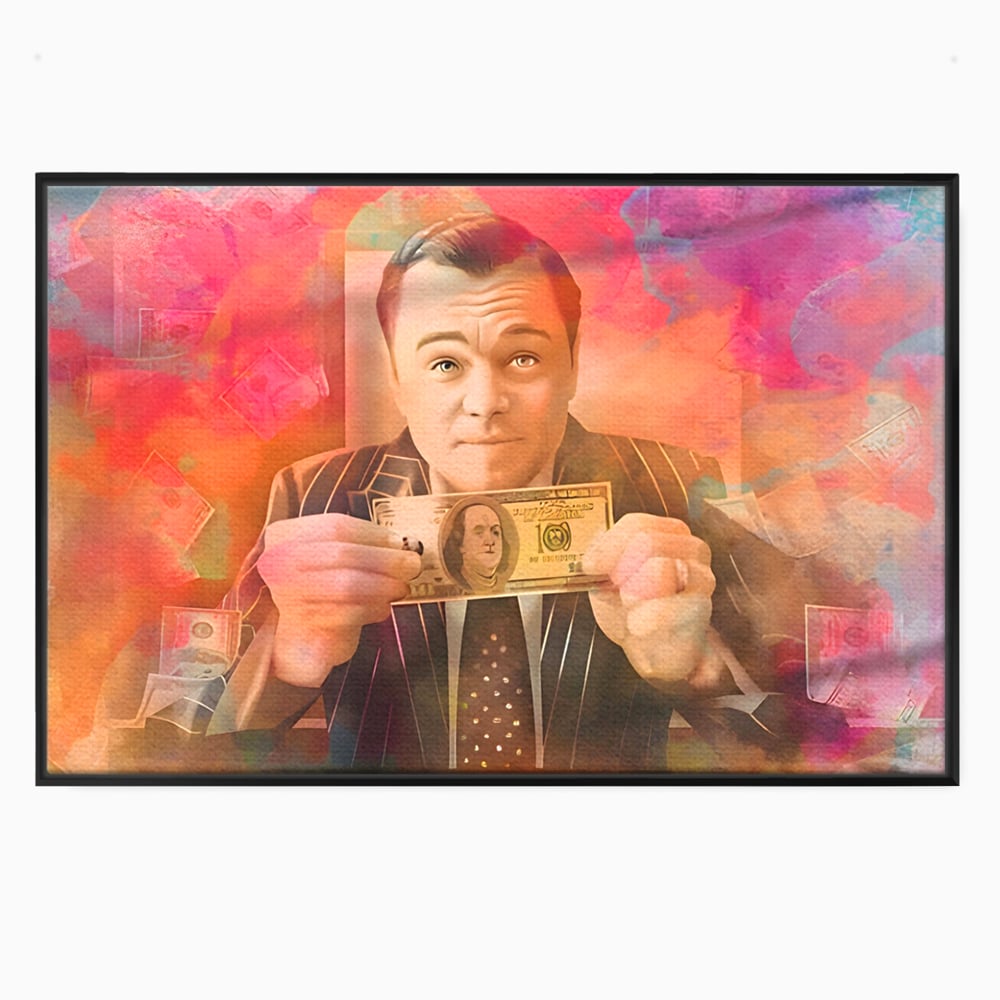 Tablou canvas cu tablou cu actorul leonardo dicaprio tinand bani, in rama de aluminiu negru