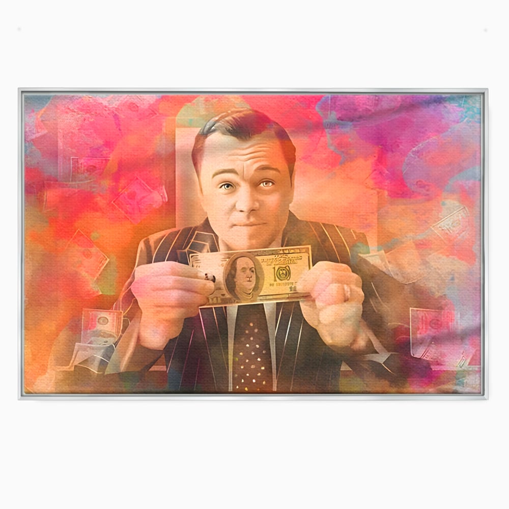 Tablou canvas cu tablou cu actorul leonardo dicaprio tinand bani, in rama de aluminiu argintiu