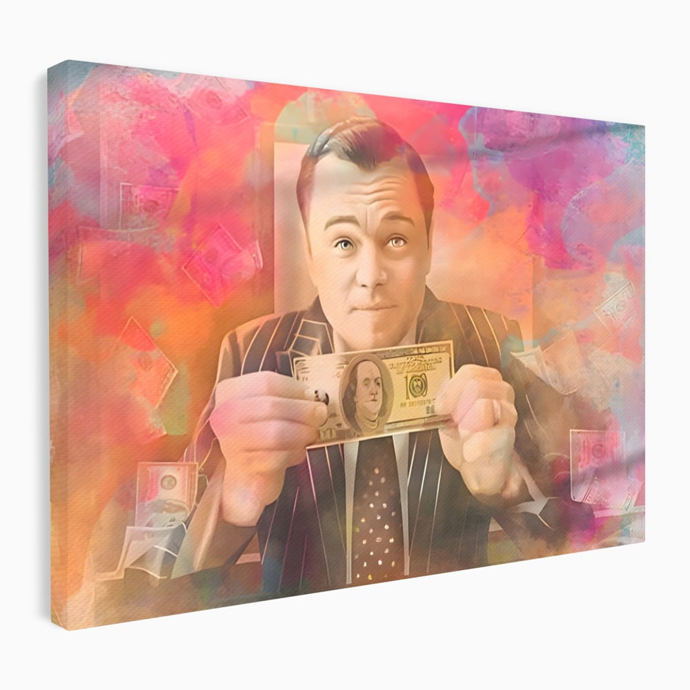 Tablou canvas cu tablou cu actorul leonardo dicaprio tinand bani, fara rama, pe sasiu de lemn