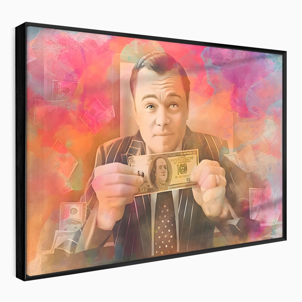 Tablou canvas cu tablou cu actorul leonardo dicaprio tinand bani, in rama de aluminiu negru