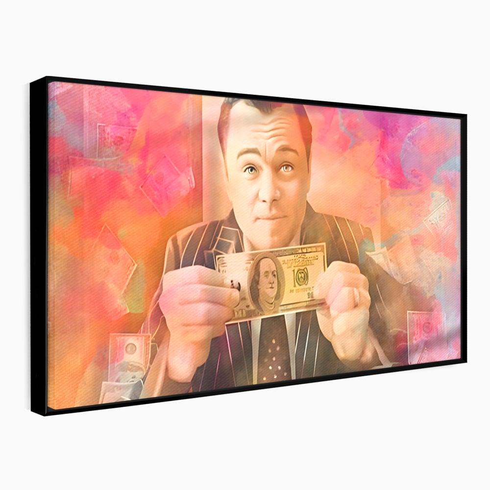 Tablou canvas cu tablou cu actorul leonardo dicaprio tinand bani, in rama de aluminiu negru